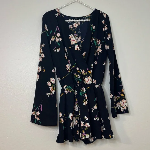 Honey Punch Women Navy Floral Long Sleeve Ruffle Romper - Picture 8 of 10